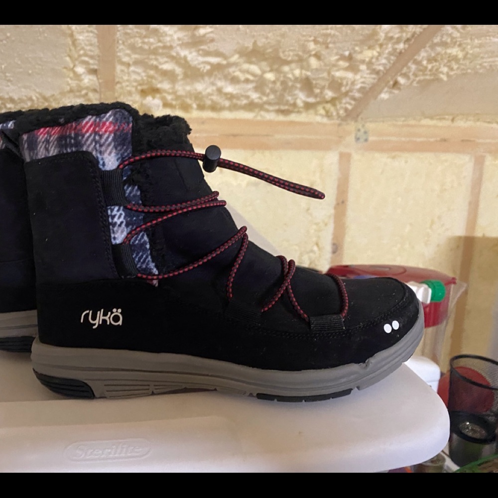 Women’s RYKA Boots. Black with red ties, plaid trim on the top of boot. Worn 2xs